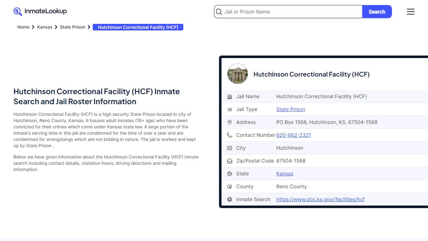 Hutchinson Correctional Facility (HCF) Inmate Search, Jail Roster ...